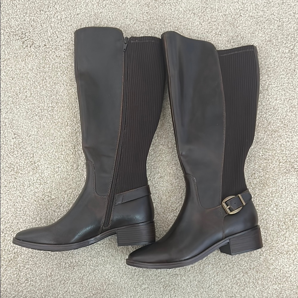 Brown Leather Knee-High Boots with Buckle